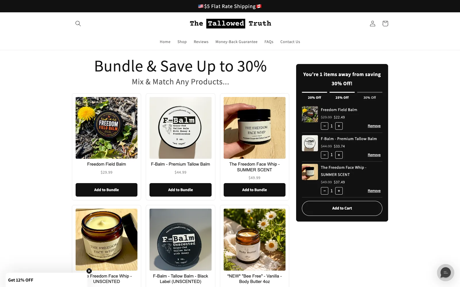 001 — Three items in: every line shows its discounted price, and the panel nudges toward the next tier