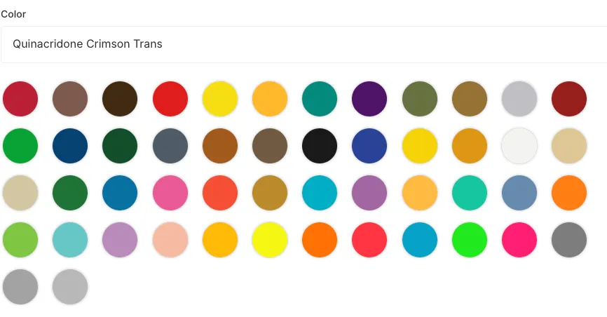 50 color swatches, generated by sampling supplier product photos - every circle is a real file named for its SKU.